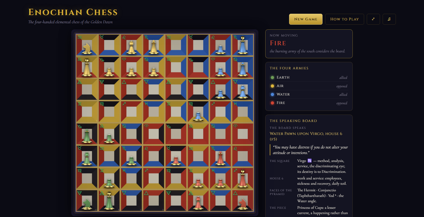 A game of Enochian chess in progress: the four-colour elemental board with zodiac squares, and the Speaking Board panel reading the move