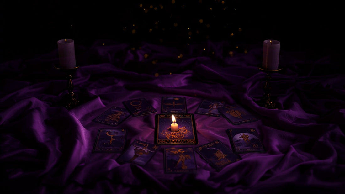 A crescent moon over a tarot spread on violet velvet
