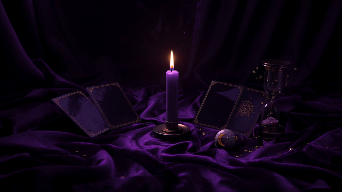 A crescent moon over a candlelit altar draped in violet
