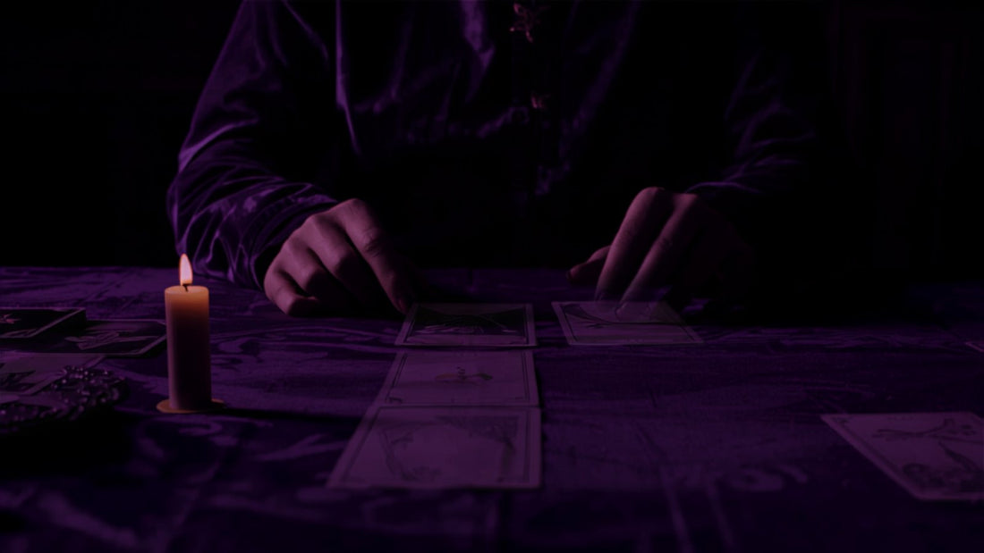 A single card under a crescent moon in a violet night sky