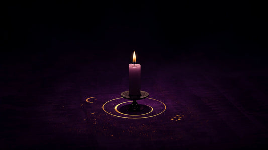 A single lit candle inside a golden circle on violet velvet