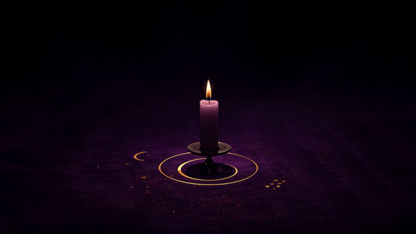 A single lit candle inside a golden circle on violet velvet