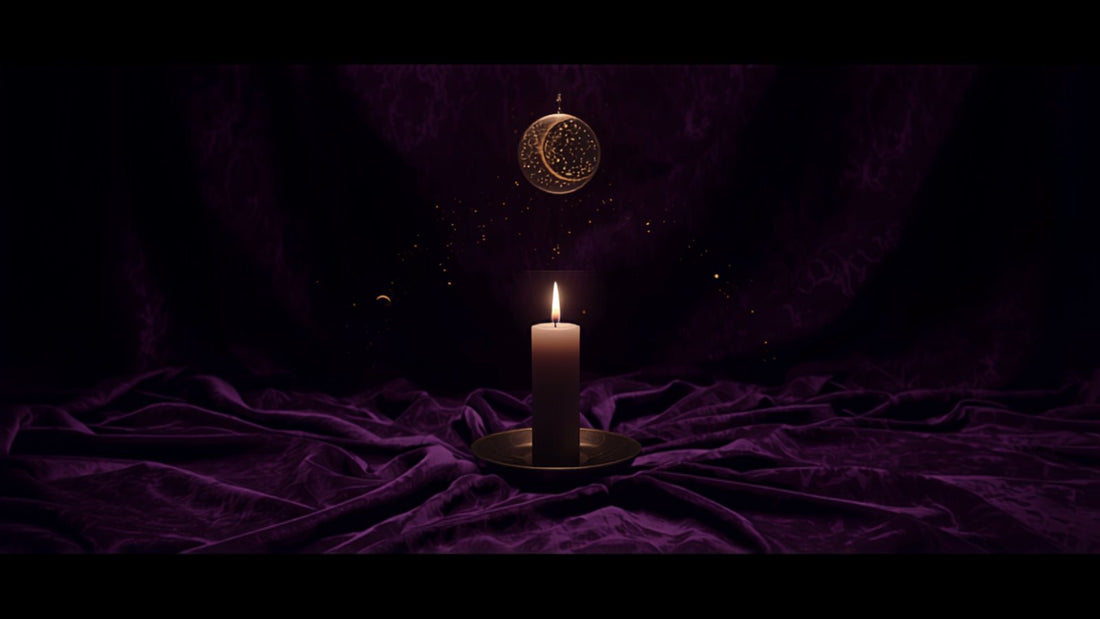 A candle ringed by fine gold planetary lines on dark violet